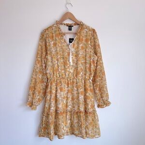 Robert Louis Women's Yellow Floral Flowy Dress, Long Sleeve, Full Lining, M